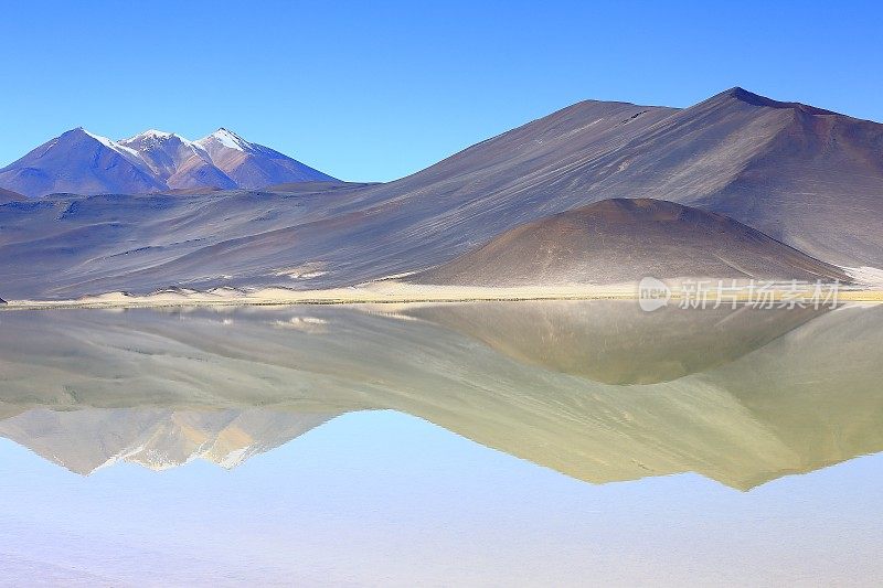 Salar de Talar和绿松石湖反射，田园般的阿塔卡马沙漠，火山景观全景-圣佩德罗阿塔卡马，智利，Bolívia和阿根廷边境